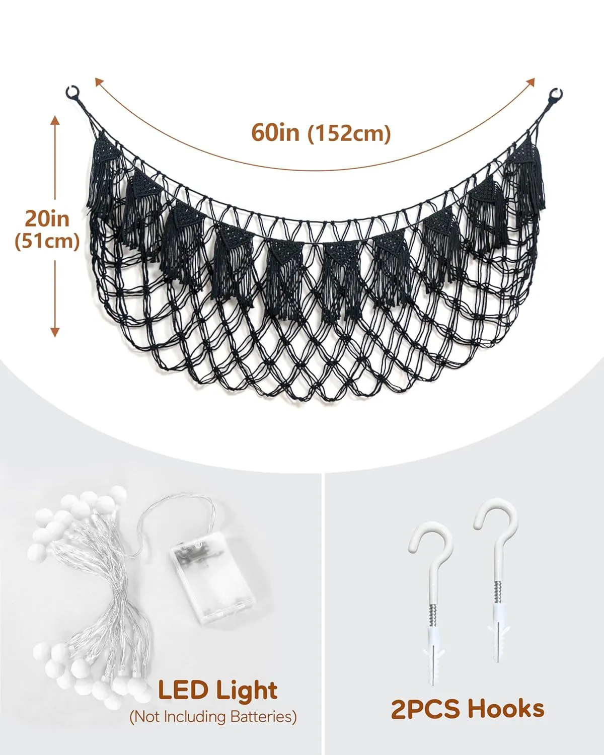 Stuffed Animal Storage Hammock with Lights- Boho Wall Hanging Plushie Net for Stuff Aanimal Organizer and Toy Display, Big Toy Hammock for Kids boys Bedrooms Playroom Nursery(Black)