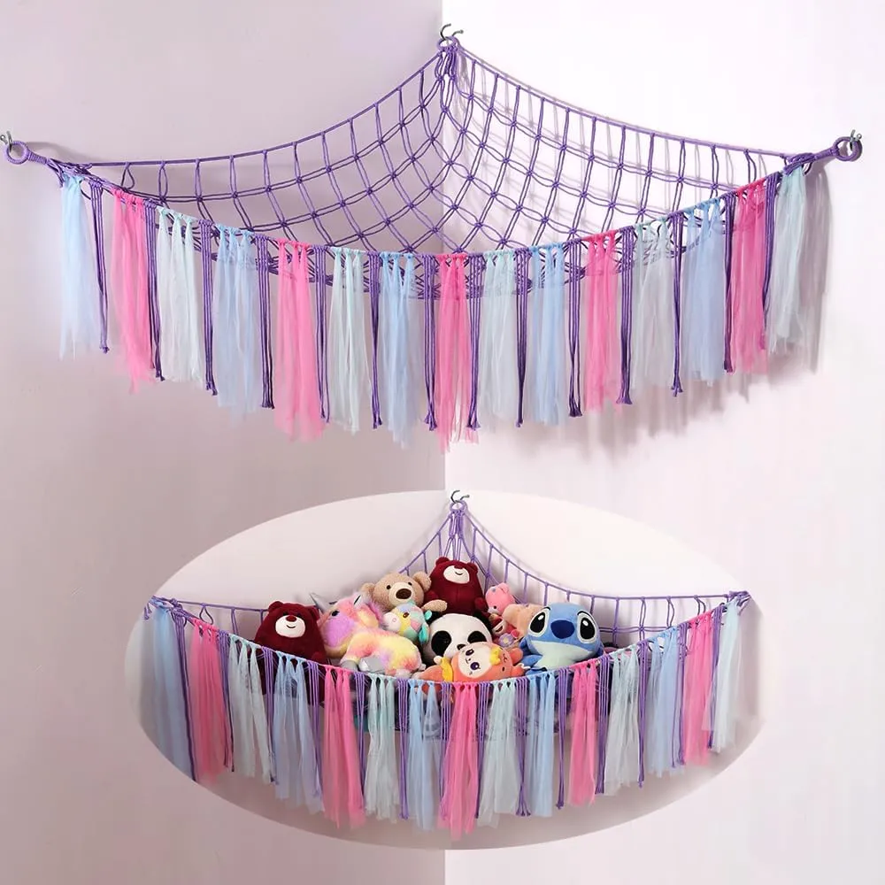 Stuffed Animal Toys Hammock with LED Light, Stuffed Doll Hanging Corner Holder for Home Storage, Large Hanging Net -Display Teddies for Bedroom, Purple Decor Organizer