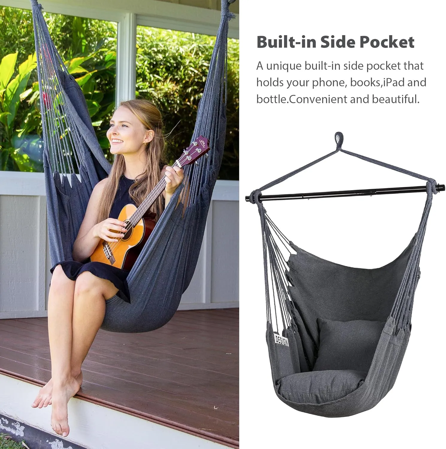 SUNCREAT Hammock Chair Swing with Steel Support Bar, Side Pocket, Large Hanging Chair Outdoor, Max 450lbs Capacity, Dark Gray