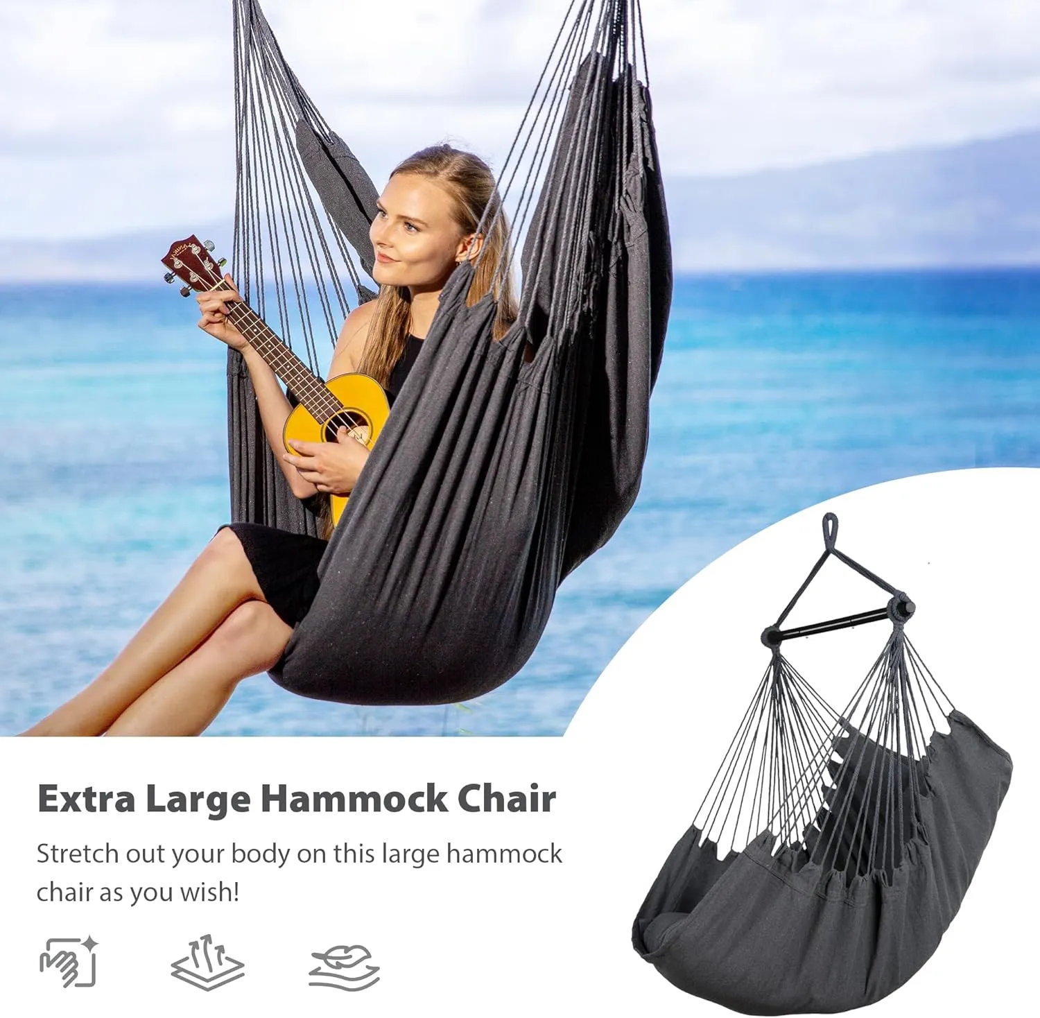 SUNCREAT Hammock Chair Swing with Steel Support Bar, Side Pocket, Large Hanging Chair Outdoor, Max 450lbs Capacity, Dark Gray