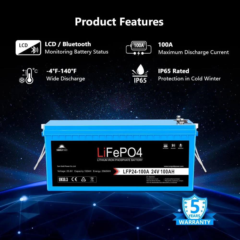 SunGold Power 2 Pack 24V 100Ah LiFePo4 Deep Cycle Lithium Battery with Bluetooth, Self-Heating, and IP65 Waterproof Protection