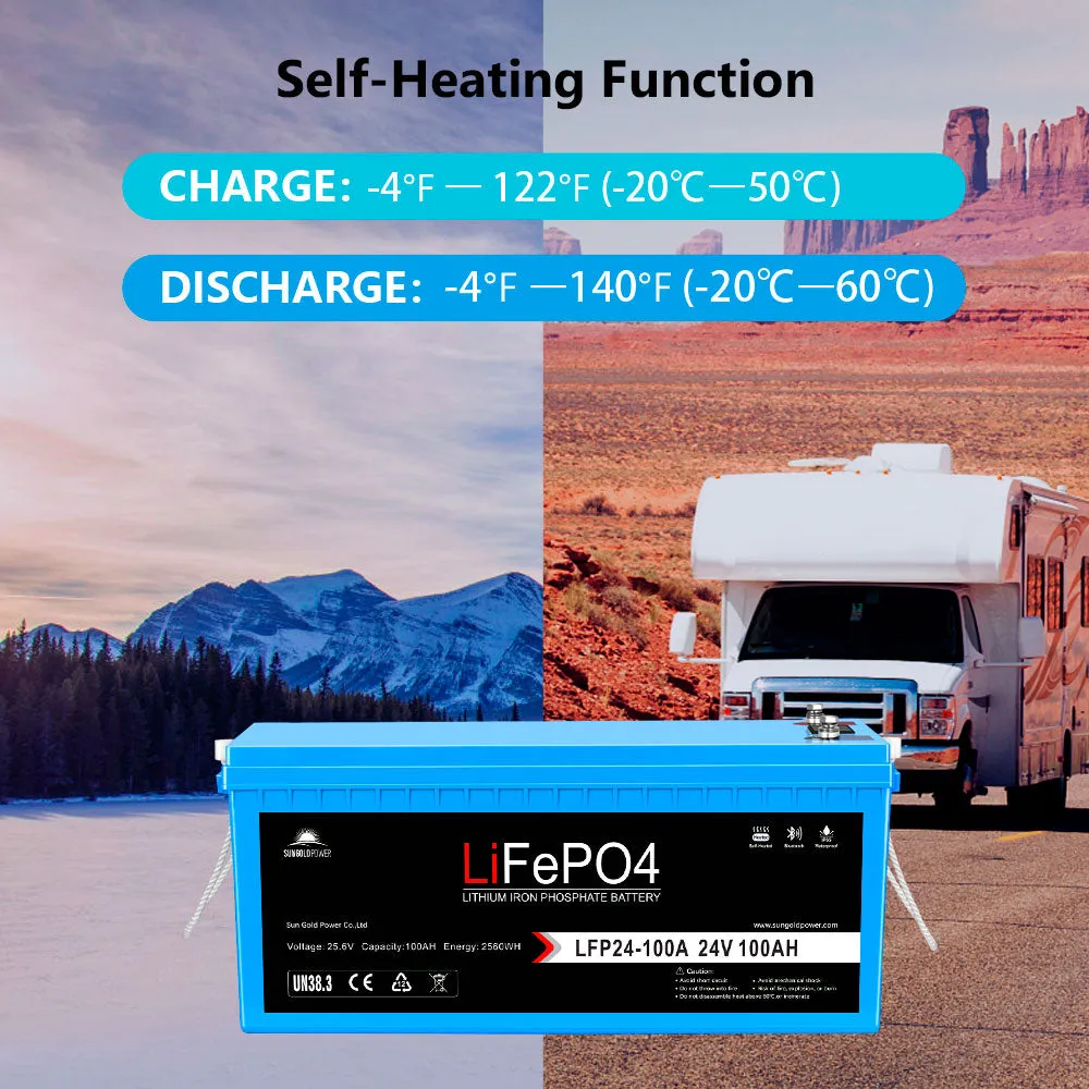 SunGold Power 2 Pack 24V 100Ah LiFePo4 Deep Cycle Lithium Battery with Bluetooth, Self-Heating, and IP65 Waterproof Protection