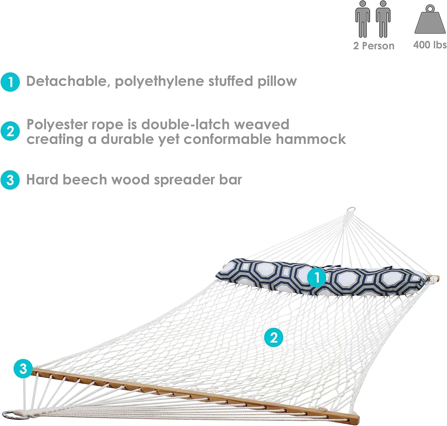 Sunnydaze Polyester Rope Double Hammock with Spreader Bars - 400-Pound Capacity - White with Navy and Gray Octagon Pillow