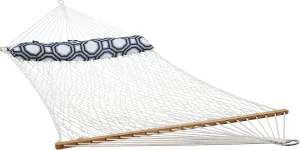 Sunnydaze Polyester Rope Double Hammock with Spreader Bars - 400-Pound Capacity - White with Navy and Gray Octagon Pillow