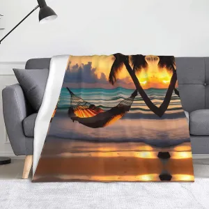 Sunset Beach Hammock Flannel Blanket - Soft and Durable Winter Blanket for Home and Travel