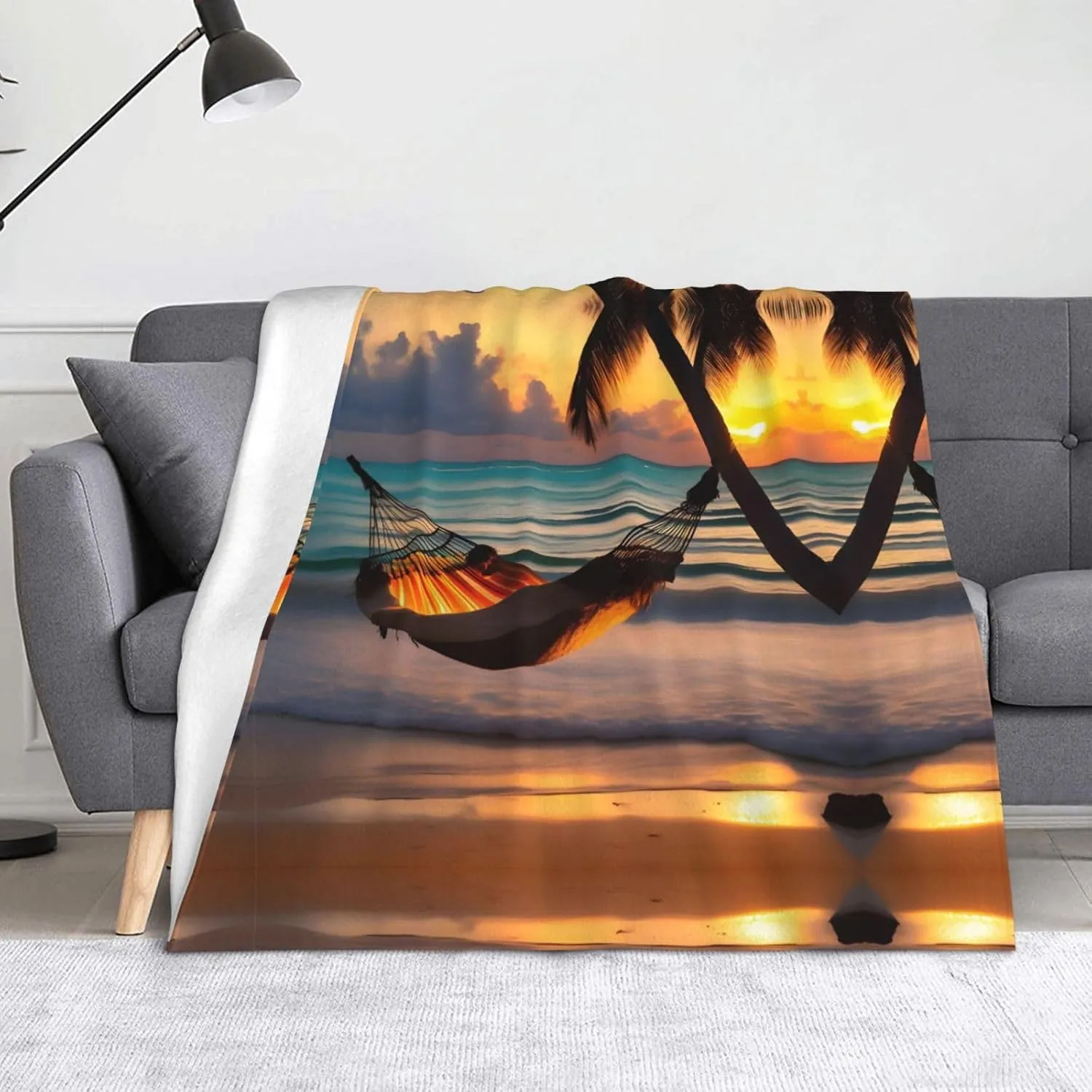 Sunset Beach Hammock Flannel Blanket - Soft and Durable Winter Blanket for Home and Travel