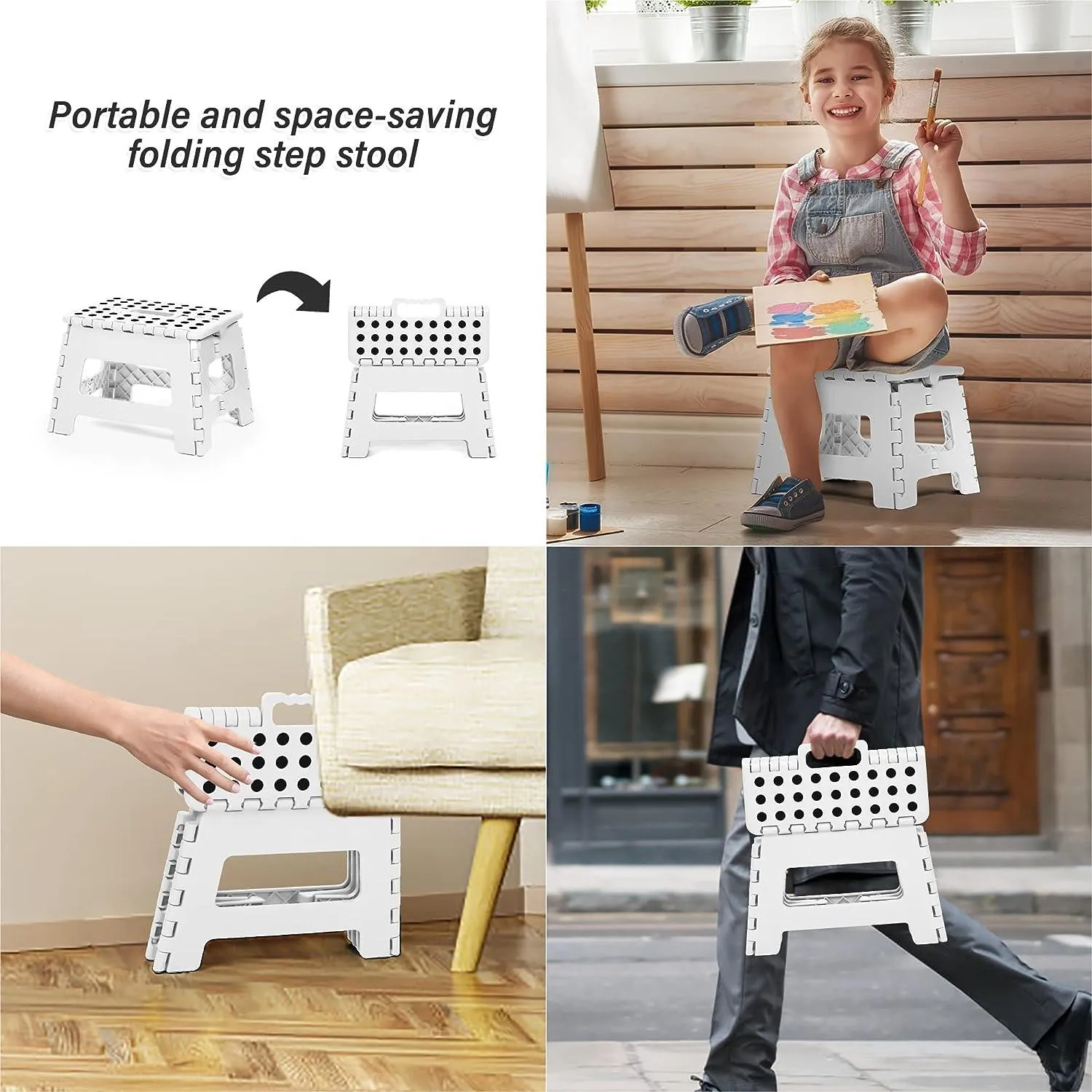Super Strong Folding Step Stool with Handle 300 LB Capacity for Adults and Toddlers, White