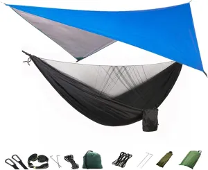 Swing Set Camping Hammock, Portable Travel Hammock with Net and Rainfly, Tree Light Hammock Tent for Outdoor Backyard Hiking Swing Seat (Color : Blue and Black)