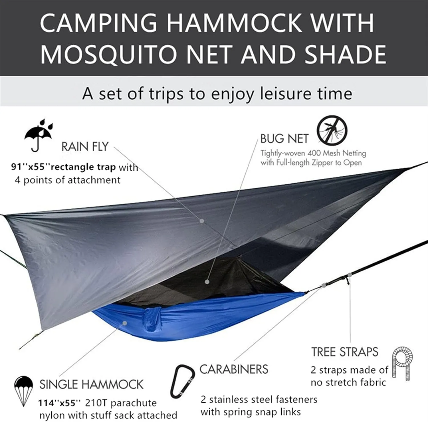 Swing Set Camping Hammock, Portable Travel Hammock with Net and Rainfly, Tree Light Hammock Tent for Outdoor Backyard Hiking Swing Seat (Color : Blue and Black)