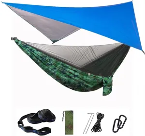Swing Set Camping Hammock, Portable Travel Hammock with Net and Rainfly, Tree Light Hammock Tent for Outdoor Backyard Hiking Swing Seat (Color : Blue and Camou)