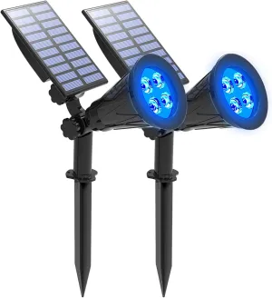 T-SUNUS Blue Solar Lights Outdoor Waterproof IP65, 2 Pack Garden Spotlights, Auto-on/Off Security Landscape Pond Spot Light 2 Modes for Halloween Christmas Tree Patio Garage Yard Driveway Pool Fence