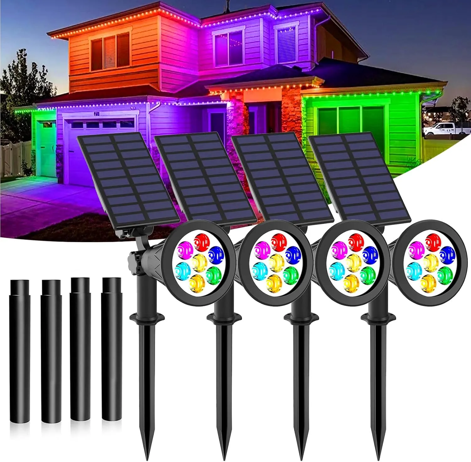 T-SUNUS Solar Landscape Spotlights Color Changing 4 Pack IP55 Waterproof Outdoor Christmas & Halloween RGB Pond Lights for Flag Yard Pathway Pool Patio Auto On/Off Adjustable Colorful Garden Lighting