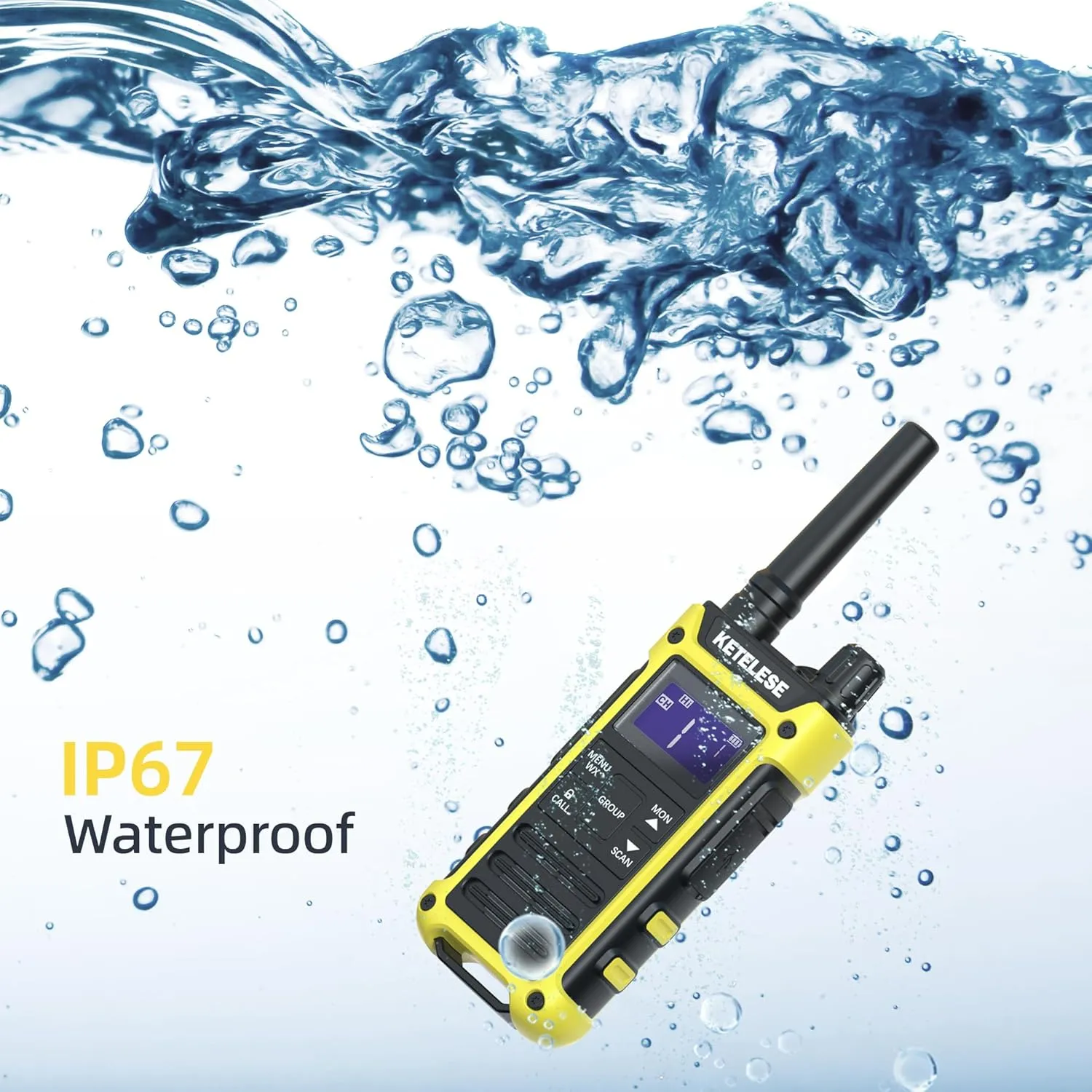 T3F IP67 Waterproof Walkie Talkies, Rugged Two Way Radio with Earpiece, Triple Proof, Three Charging Options, FRS 2 Way Radio, NOAA, VOX (6 Pack), Black/Yellow