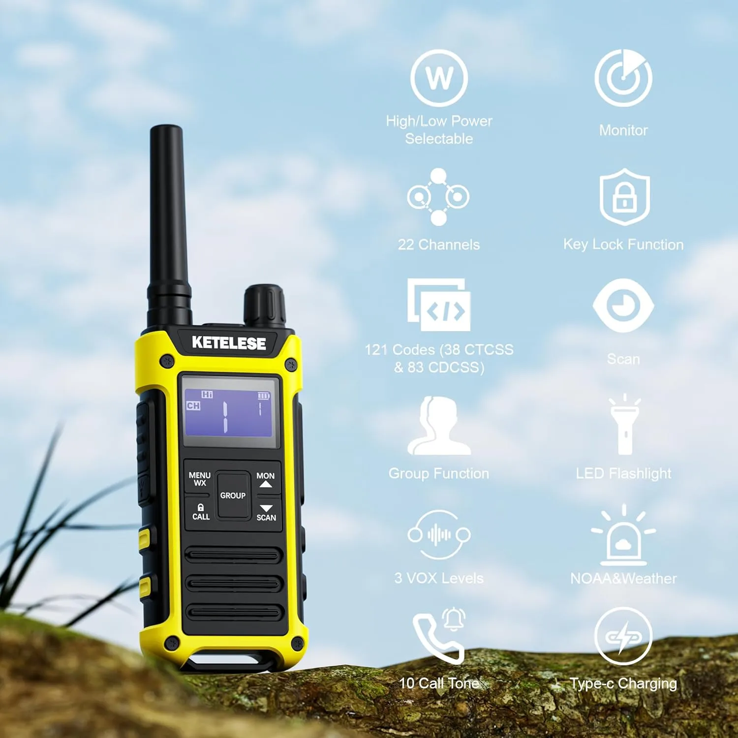 T3F IP67 Waterproof Walkie Talkies, Rugged Two Way Radio with Earpiece, Triple Proof, Three Charging Options, FRS 2 Way Radio, NOAA, VOX (6 Pack), Black/Yellow