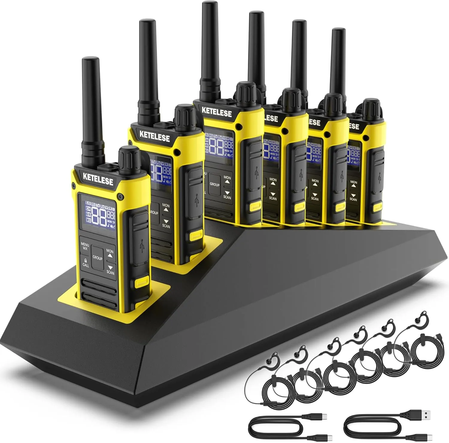 T3F IP67 Waterproof Walkie Talkies, Rugged Two Way Radio with Earpiece, Triple Proof, Three Charging Options, FRS 2 Way Radio, NOAA, VOX (6 Pack), Black/Yellow