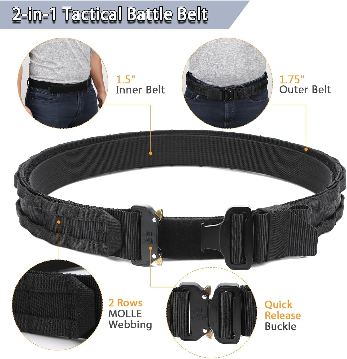 Tactical Battle Belt - Heavy Duty With Hanger MOLLE 1.75'' Outer With Inner Belt