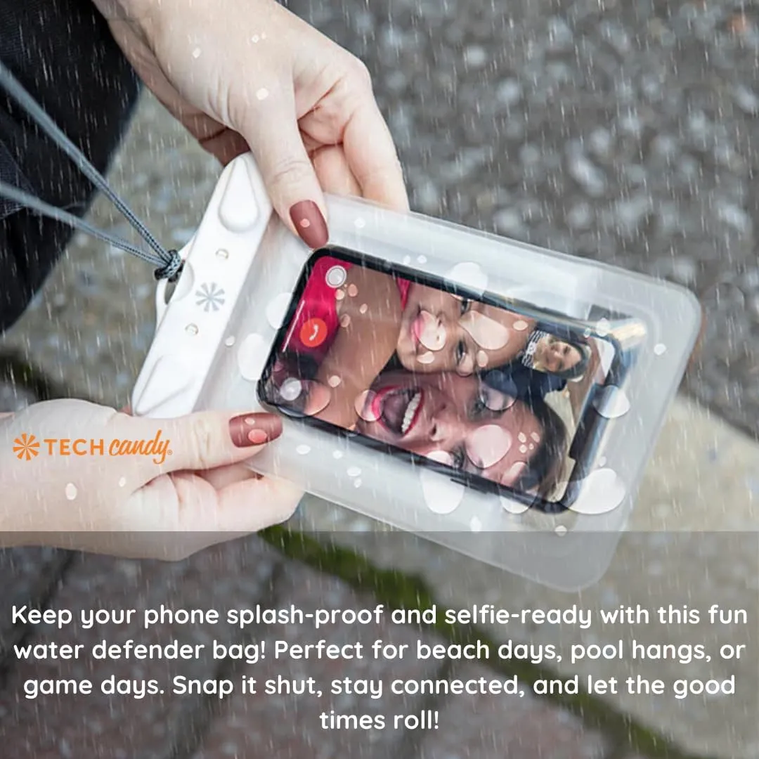Tech Candy Dry Spell Water Defender Bag, White - Waterproof Protective Pouch for Smartphones & Valuables, Transparent Touchscreen-Compatible, IPX8 Certified, with Lanyard & Secure Lock, Dry Bag