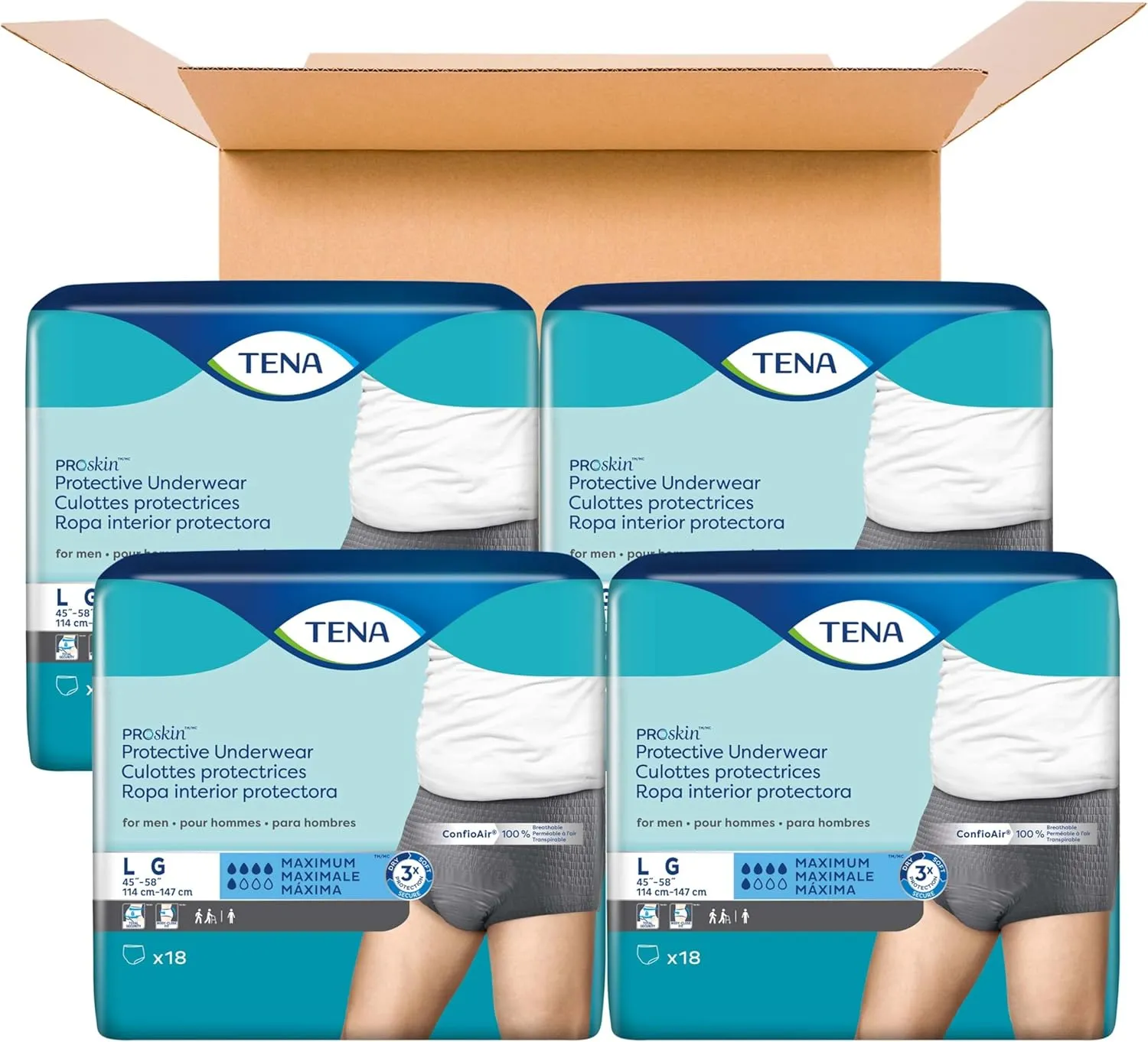 TENA Incontinence Underwear for Men, Maximum Absorbency, ProSkin, Large -18 Count (Pack of 4)