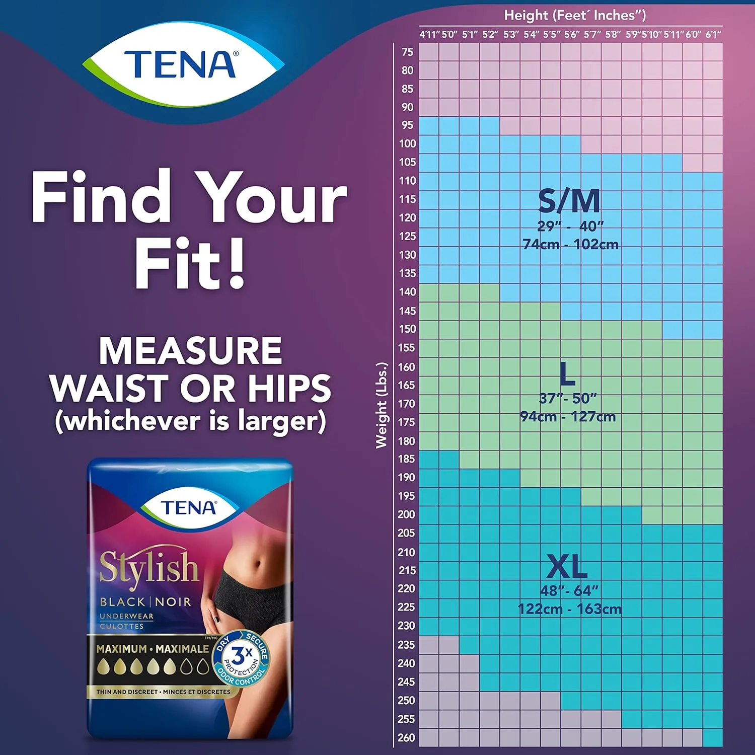 Tena Women Underwear Stylish Black XL Maximum 14 Ct.