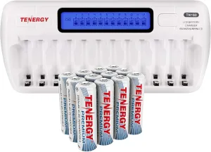 Tenergy 12 Pack Premium AA NiMH Rechargeable Batteries with Charger, 1.2V AA Batteries Ideal for Everyday Electronics and high Power Devices