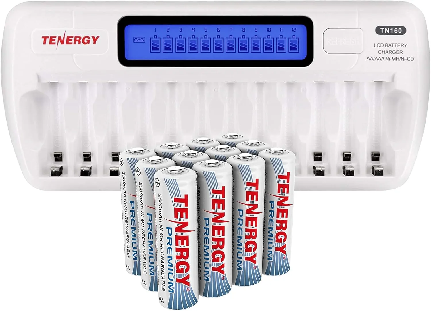 Tenergy 12 Pack Premium AA NiMH Rechargeable Batteries with Charger, 1.2V AA Batteries Ideal for Everyday Electronics and high Power Devices