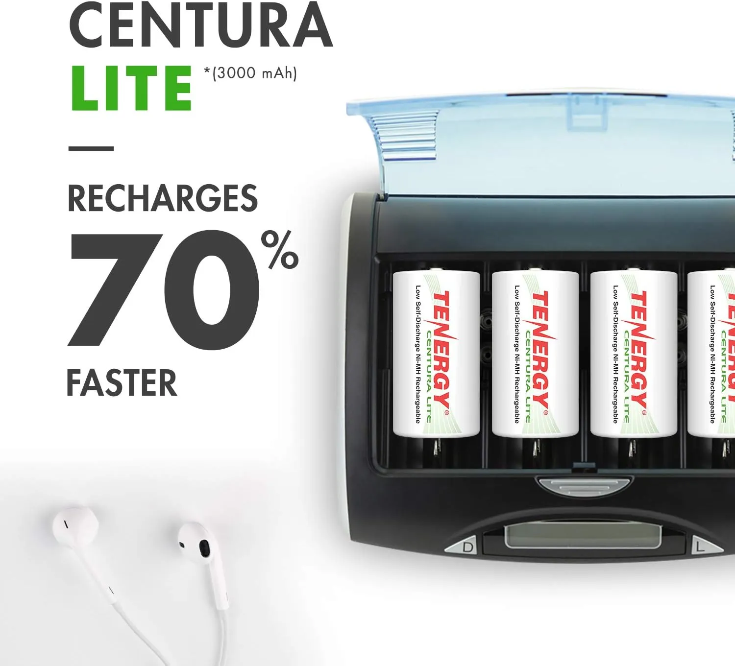 Tenergy Centura Lite 1.2V NiMH Rechargeable D Battery, 3000mAh Low Self Discharge D Cell Batteries, Pre-Charged D Size Battery, UL Certified, 48 Pack