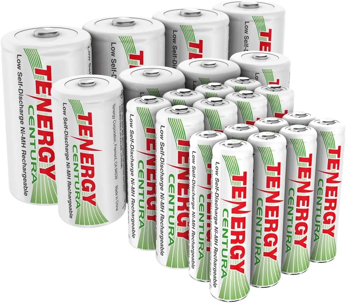 Tenergy Centura NiMH Low Self Discharge Rechargeable Battery Assortment Pack, Includes Battery Sizes AA AAA C D Rechargeable Batteries, 24 Pack