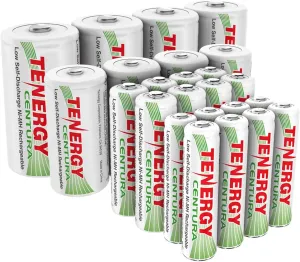 Tenergy Centura NiMH Low Self Discharge Rechargeable Battery Assortment Pack, Includes Battery Sizes AA AAA C D Rechargeable Batteries, 24 Pack