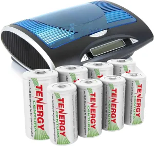 Tenergy Charger and Centura Low Self Discharge 8 Pack NiMH Rechargeable Battery Combo, Includes 4xC 4xD Rechargeable Batteries,