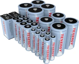 Tenergy High Capacity NiMH Rechargeable 26 Pack Cell Battery Package, 8AA, 8AAA, 4C, 4D, 2 9V Rechargeable Batteries for Remote Controllers, Clocks, Toys, Gaming Controllers, and More