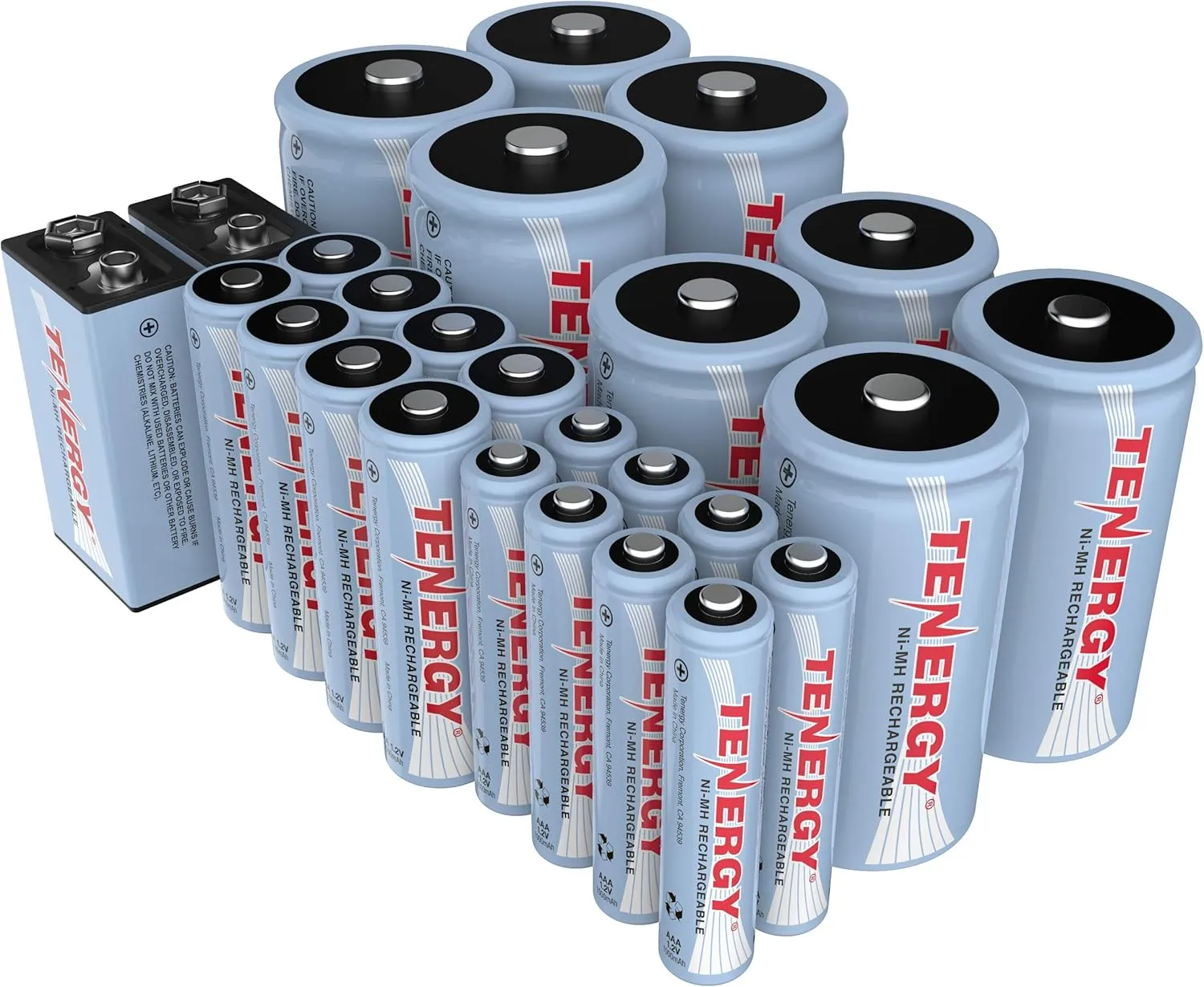 Tenergy High Capacity NiMH Rechargeable 26 Pack Cell Battery Package, 8AA, 8AAA, 4C, 4D, 2 9V Rechargeable Batteries for Remote Controllers, Clocks, Toys, Gaming Controllers, and More