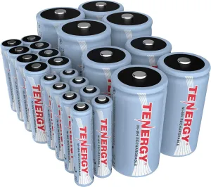 Tenergy High Drain AA AAA C and D Battery, 1.2V Rechargeable NiMH Batteries Combo, 8-Pack 2500mAh AA Cells, 8-Pack 1000mAh AAA Cells, 4-Pack 5000mAh C Cells and 4-Pack 10000mAh D Cell Batteries