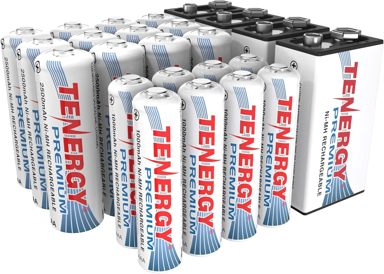 Tenergy Premium High Capacity NiMH Rechargeable Battery Combo, Includes 12xAA 8xAAA 4x9V Rechargeable Batteries, 24 Pack