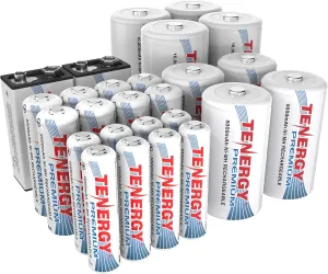 Tenergy Premium High Capacity NiMH Rechargeable Battery Combo Pack, Includes All Battery Sizes 8xAA 8xAAA 4xC 4xD 2x9V Rechargeable Batteries, 26 Pack