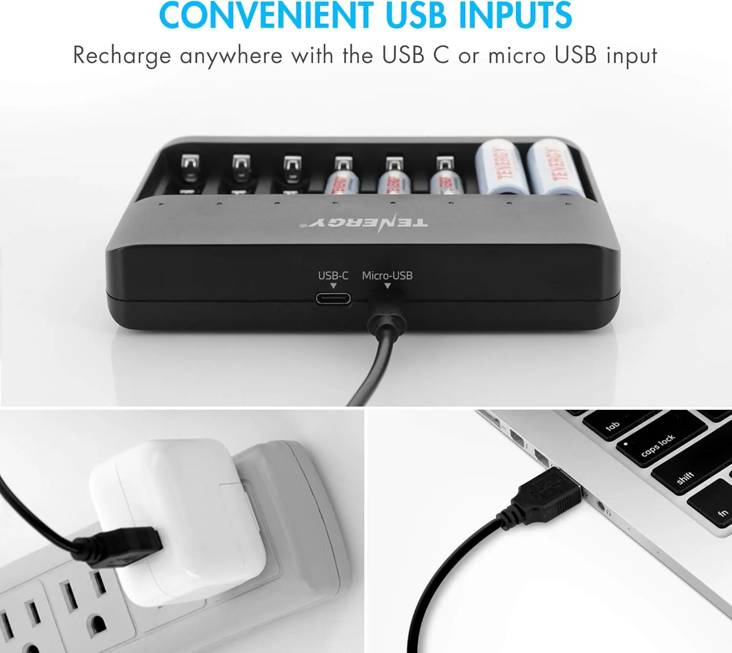 Tenergy TN477U 8-Bay Fast Charger for AA/AAA Ni-MH/NICD Rechargeable Batteries with Micro USB and USB C Inputs
