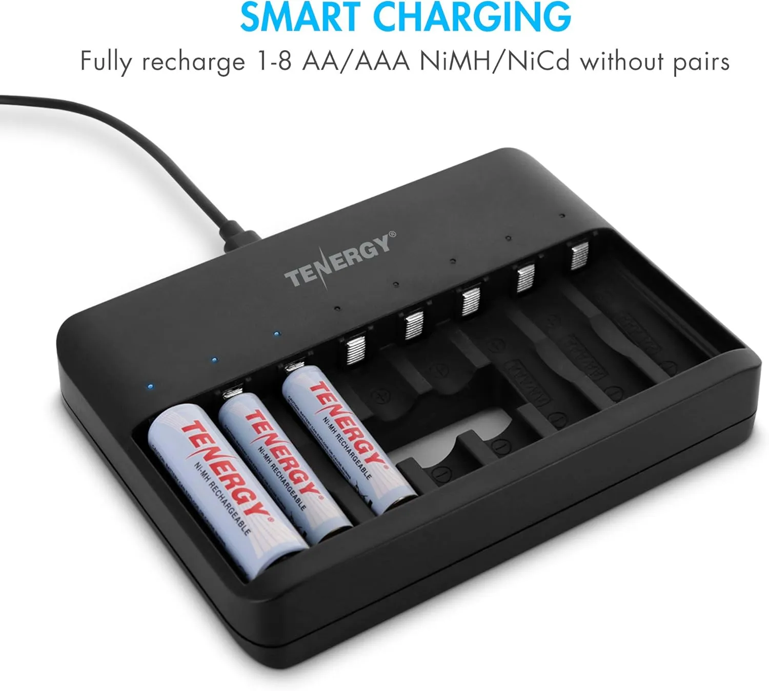 Tenergy TN477U 8-Bay Fast Charger for AA/AAA Ni-MH/NICD Rechargeable Batteries with Micro USB and USB C Inputs