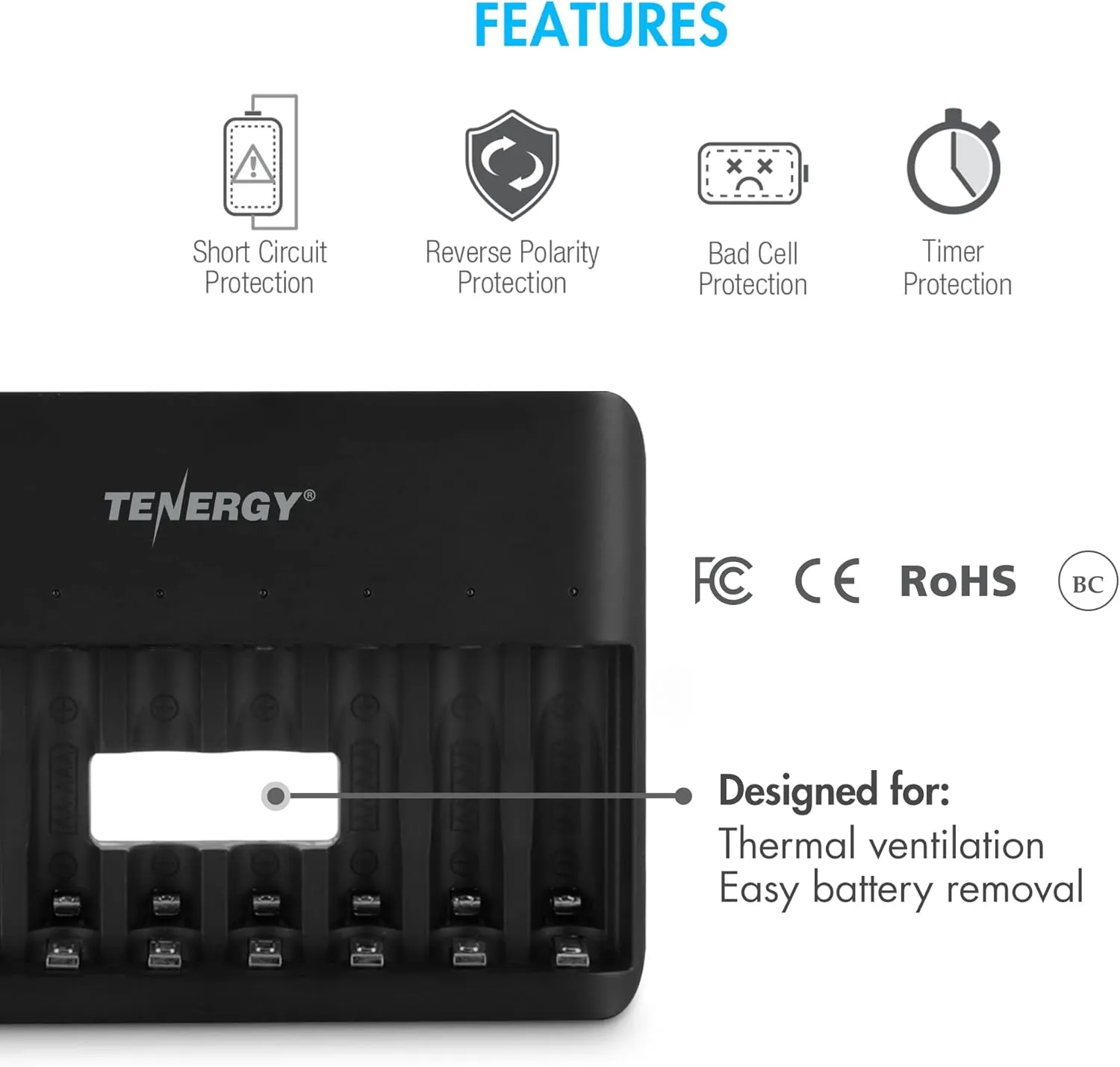 Tenergy TN477U 8-Bay Fast Charger for AA/AAA Ni-MH/NICD Rechargeable Batteries with Micro USB and USB C Inputs