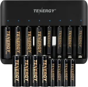 Tenergy TN477U 8-Bay Fast Charger for NiMH/NiCD AA AAA Rechargeable Batteries with 8pcs AA and 8pcs AAA Premium Pro Rechargeable Batteries