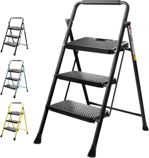TICONN 3 Step Ladder, Heavy Duty Foldable Step Stool, Portable Steel Folding Stool for Household Garage Storage (Black)