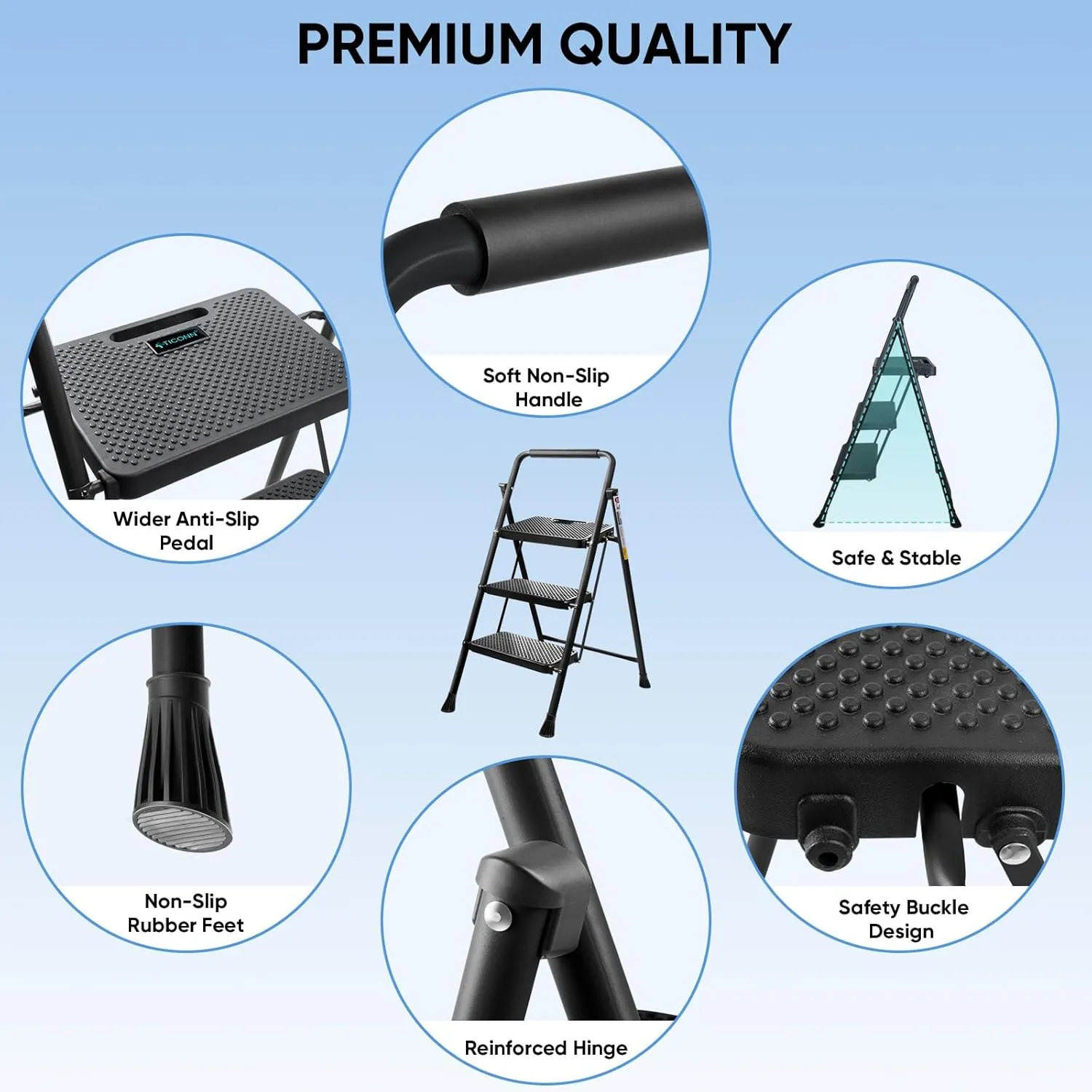 TICONN 3 Step Ladder, Heavy Duty Foldable Step Stool, Portable Steel Folding Stool for Household Garage Storage (Black)