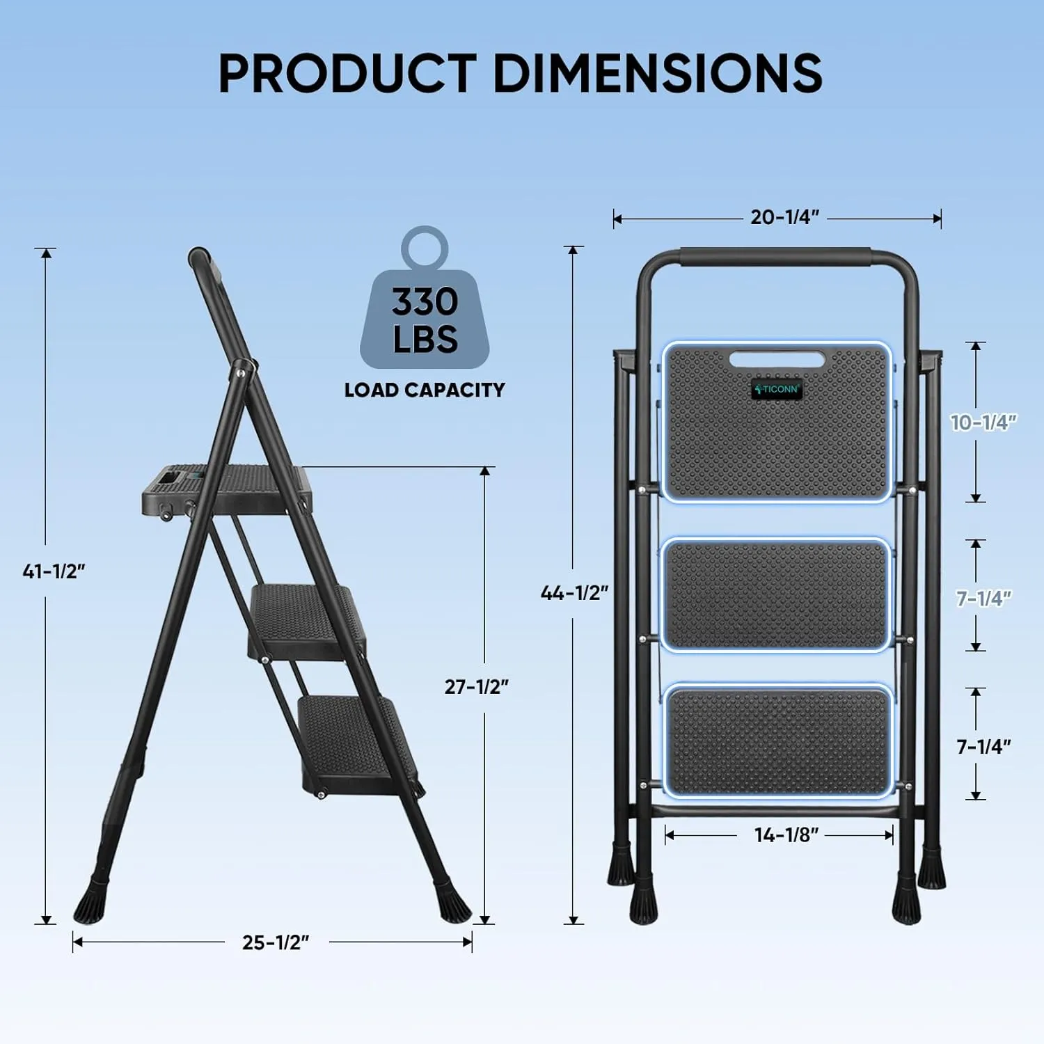 TICONN 3 Step Ladder, Heavy Duty Foldable Step Stool, Portable Steel Folding Stool for Household Garage Storage (Black)