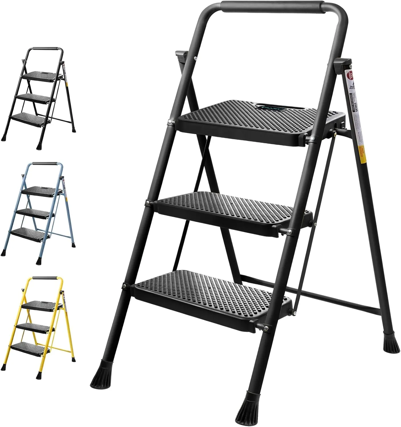TICONN 3 Step Ladder, Heavy Duty Foldable Step Stool, Portable Steel Folding Stool for Household Garage Storage (Black)