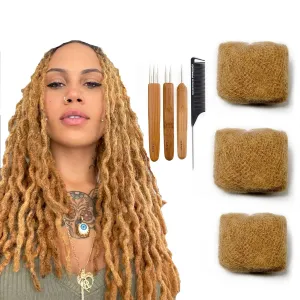Tight Afro Kinky Bulk 100 ％ Human Hair for Draedlock Extensions, Repair Locs, Twists and Braids (8 Inch, #27 Honey Blonde, 3 Bundles with Crochet Needle Set and Rat Tail Comb)