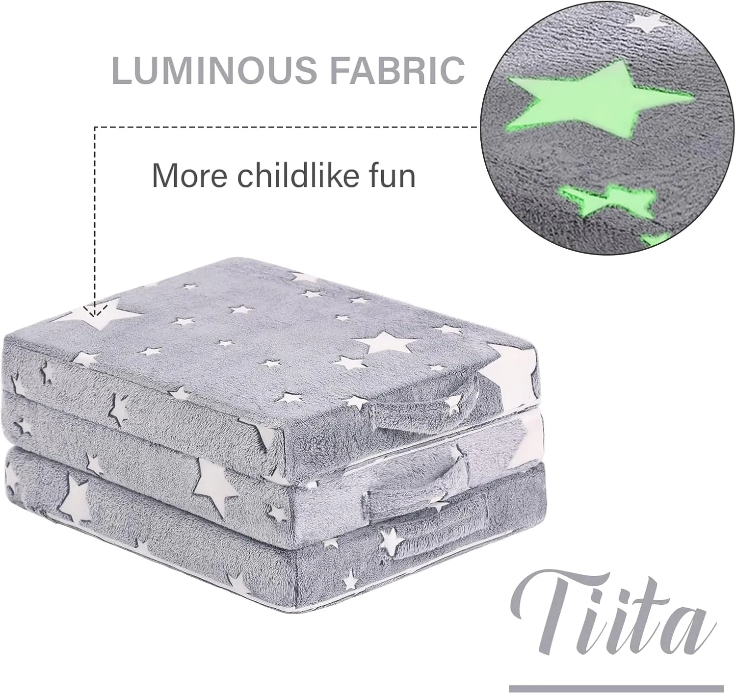 Tiita Trifold Floor Mattress for Kids, Glow in The Dark Baby Kids Futon with Removable Cover, High Density Foam Toddler Nap Mat, Medium,65x24inch,Star