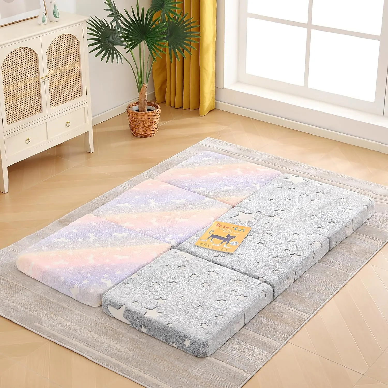 Tiita Trifold Floor Mattress for Kids, Glow in The Dark Baby Kids Futon with Removable Cover, High Density Foam Toddler Nap Mat, Medium,65x24inch,Star
