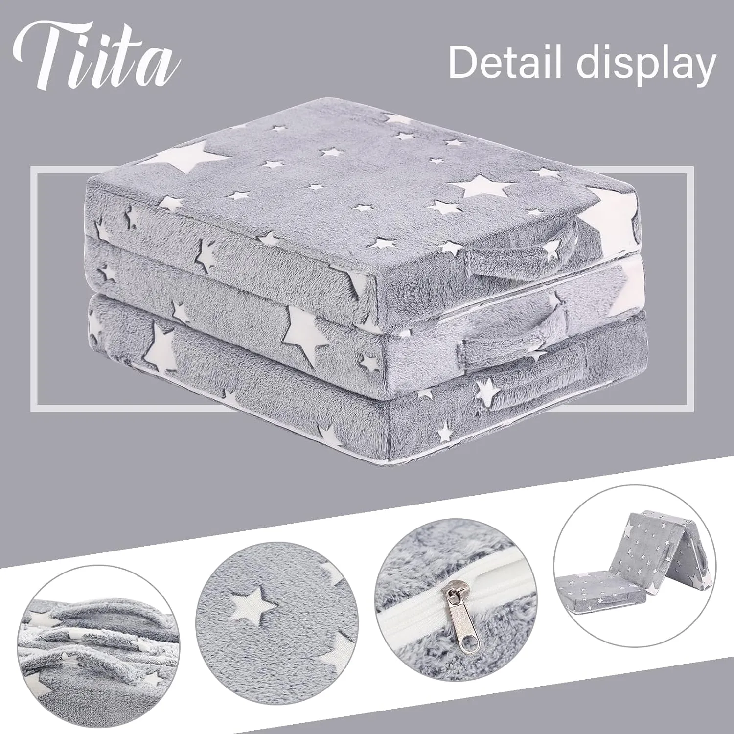 Tiita Trifold Floor Mattress for Kids, Glow in The Dark Baby Kids Futon with Removable Cover, High Density Foam Toddler Nap Mat, Medium,65x24inch,Star