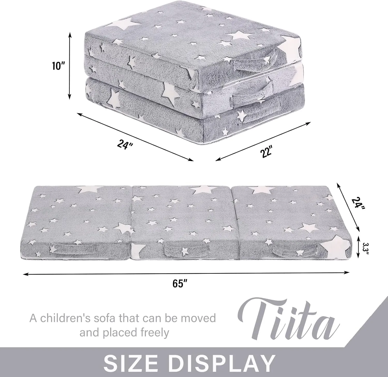 Tiita Trifold Floor Mattress for Kids, Glow in The Dark Baby Kids Futon with Removable Cover, High Density Foam Toddler Nap Mat, Medium,65x24inch,Star
