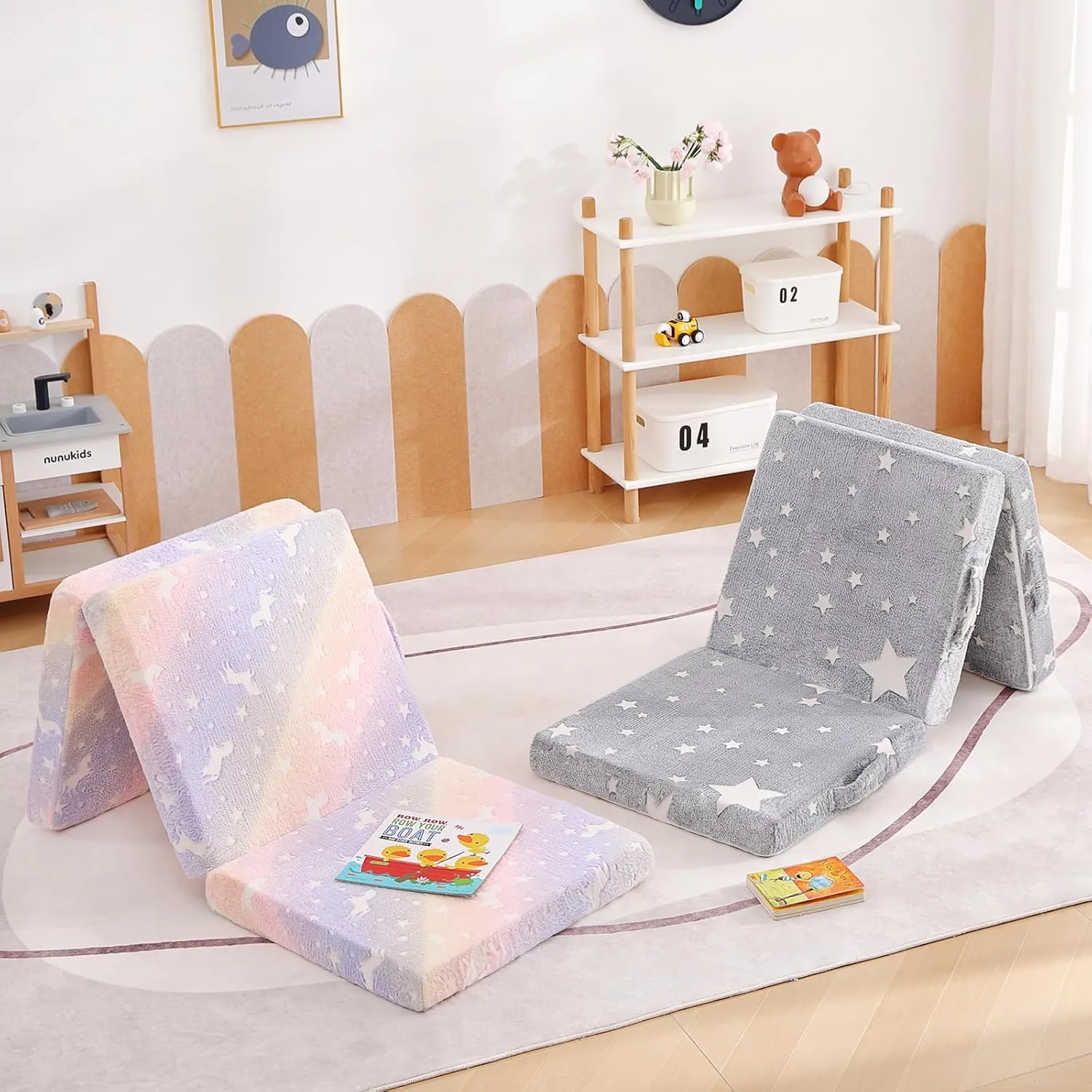 Tiita Trifold Floor Mattress for Kids, Glow in The Dark Baby Kids Futon with Removable Cover, High Density Foam Toddler Nap Mat, Medium,65x24inch,Star
