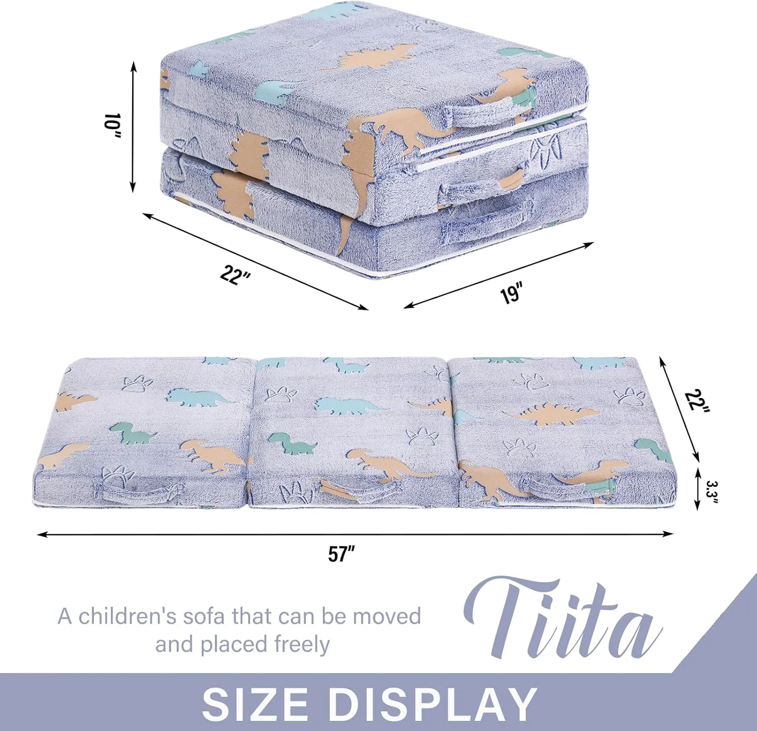 Tiita Trifold Floor Mattress for Kids, Glow in The Dark Baby Kids Futon with Removable Cover, Portable Foam Toddler Nap Mat with Storage Bag for Girls and Boys, Blue Dinosaur