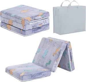 Tiita Trifold Floor Mattress for Kids, Glow in The Dark Baby Kids Futon with Removable Cover, Portable Foam Toddler Nap Mat with Storage Bag for Girls and Boys, Blue Dinosaur